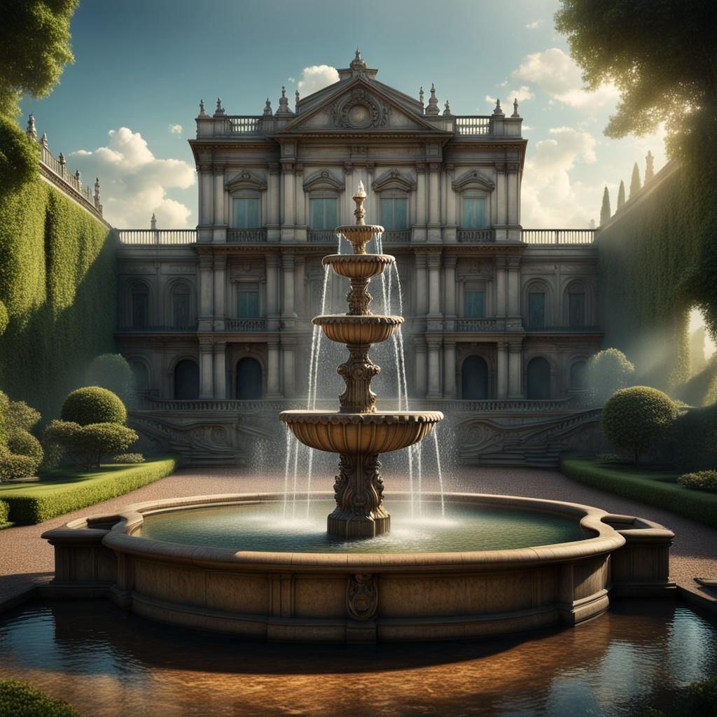 Palace Garden Water Fountain: Cinematic Digital Painting