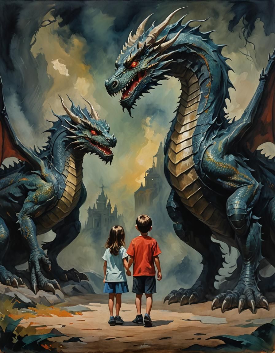 Children Confronting Dragon in Gouache Style