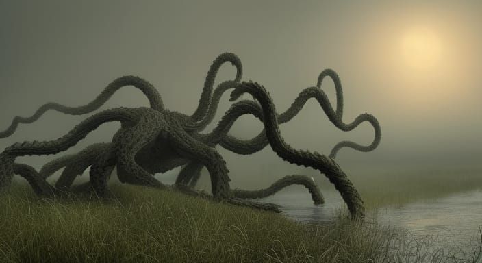 Seven-Headed Hydra in Foggy Marsh: Digital Matte Painting