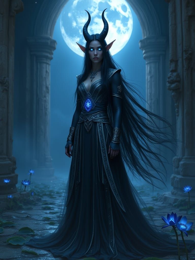 Dark Elf Priestess in Moonlit Temple - Cinematic Realism