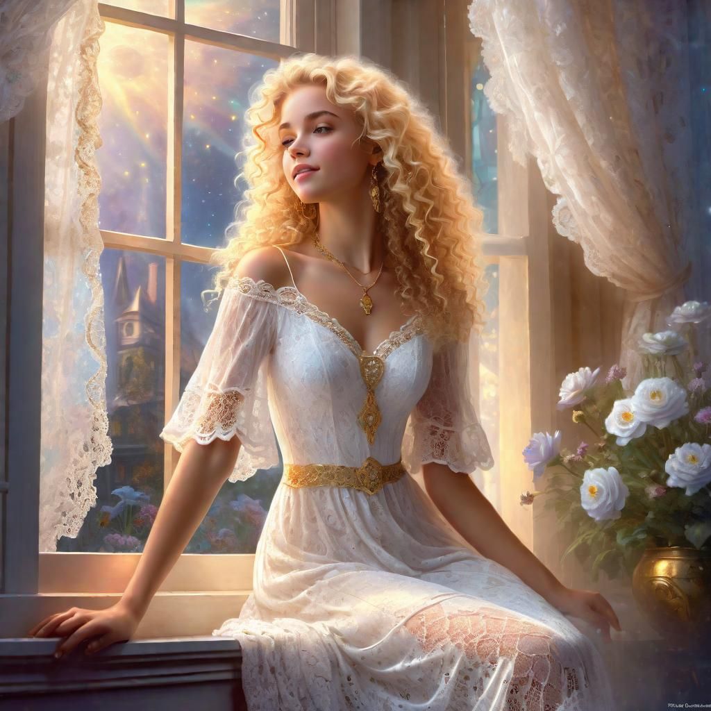 Ethereal Woman in Lace Dress by Open Window
