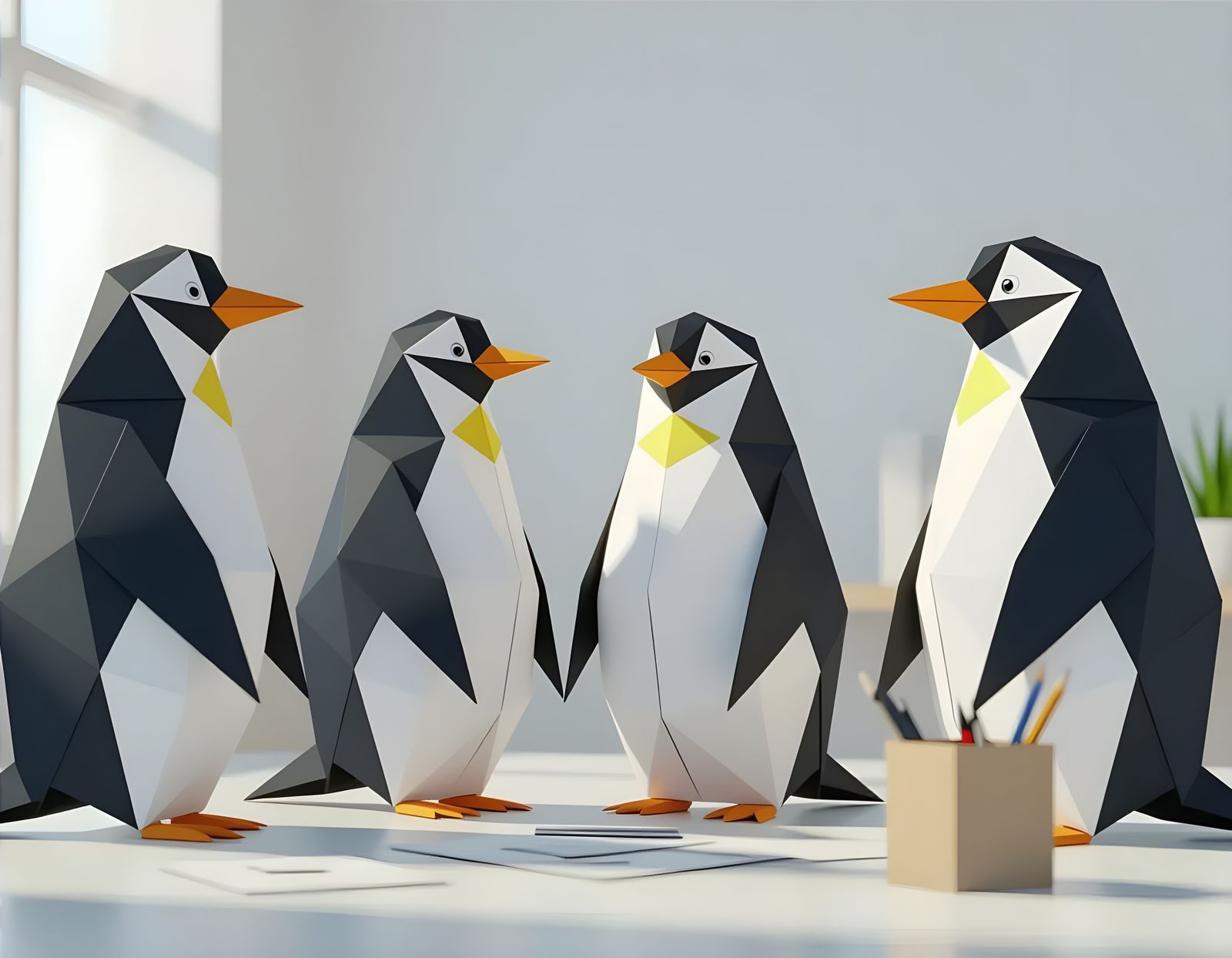Paper Penguins Work in Minimalist Office, 3D Illustration