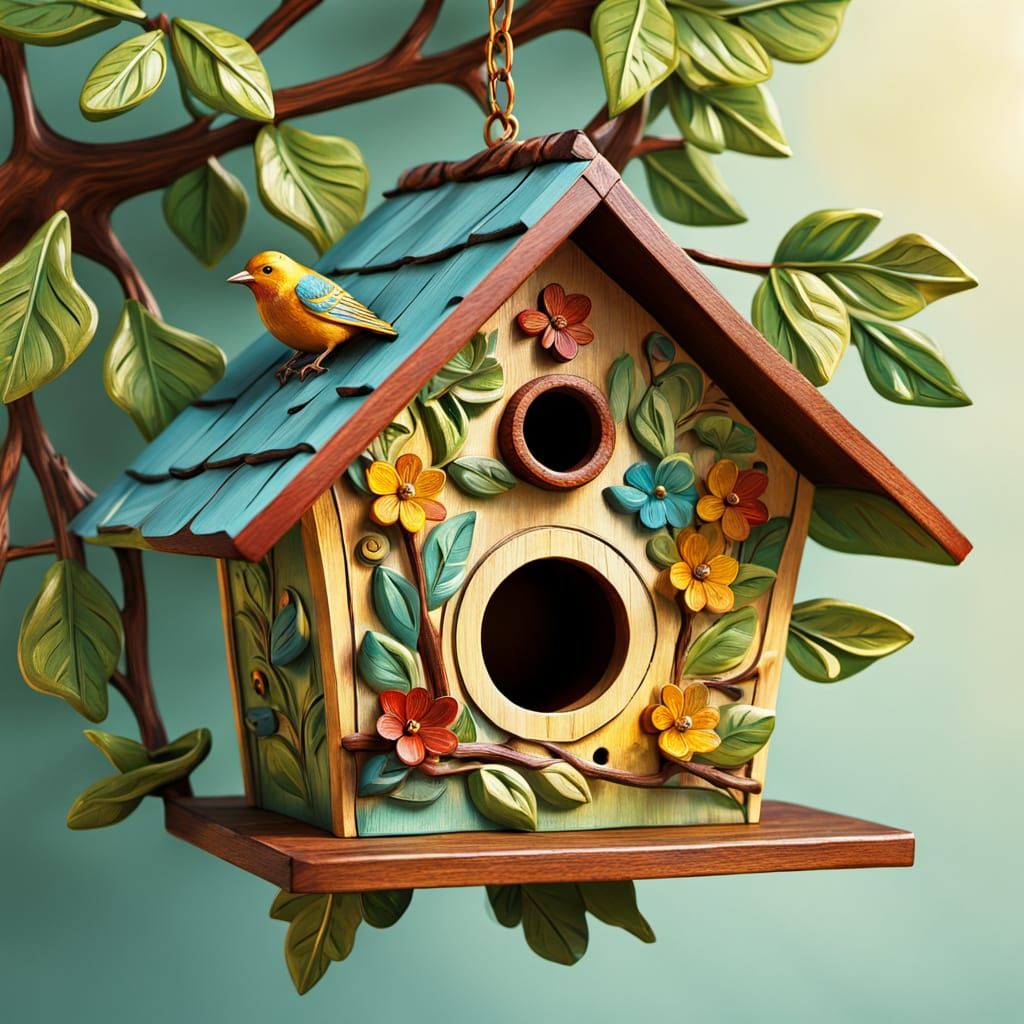 Charming Folk Art Birdhouse in Dappled Sunlight