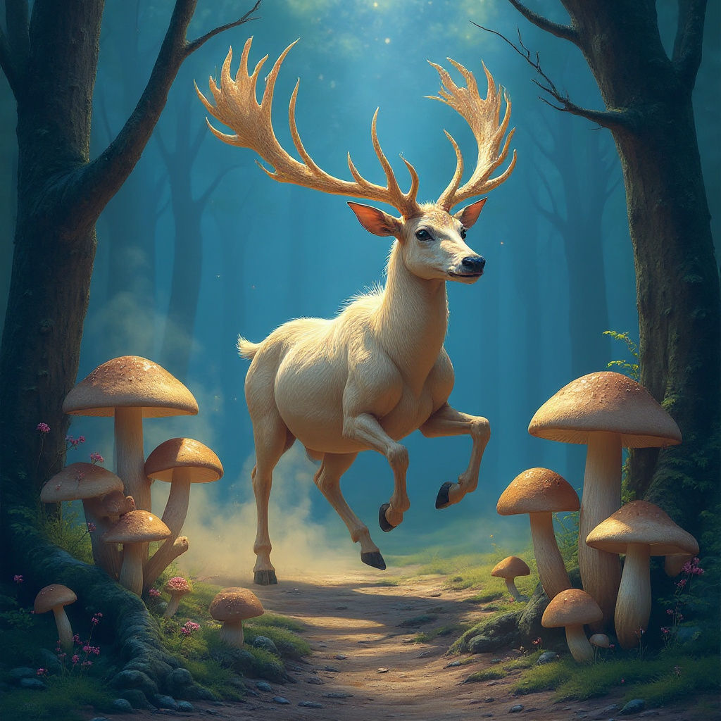 Starlight Deer Gallops Through Enchanted Forest