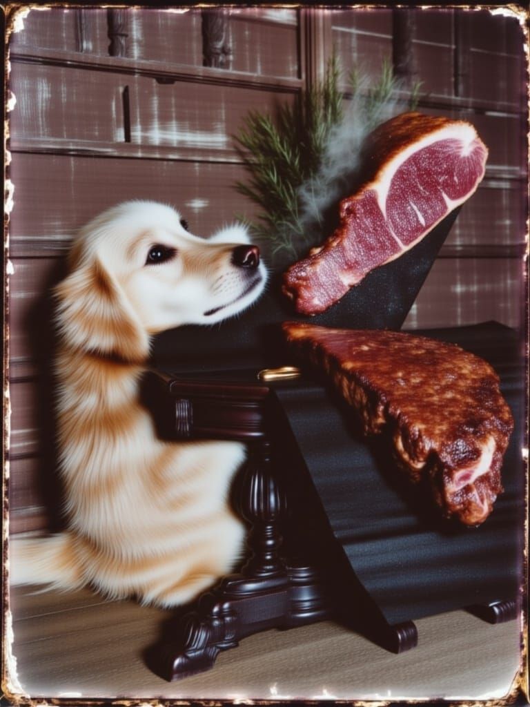 Golden Retriever Eagerly Watches Grilled Steak