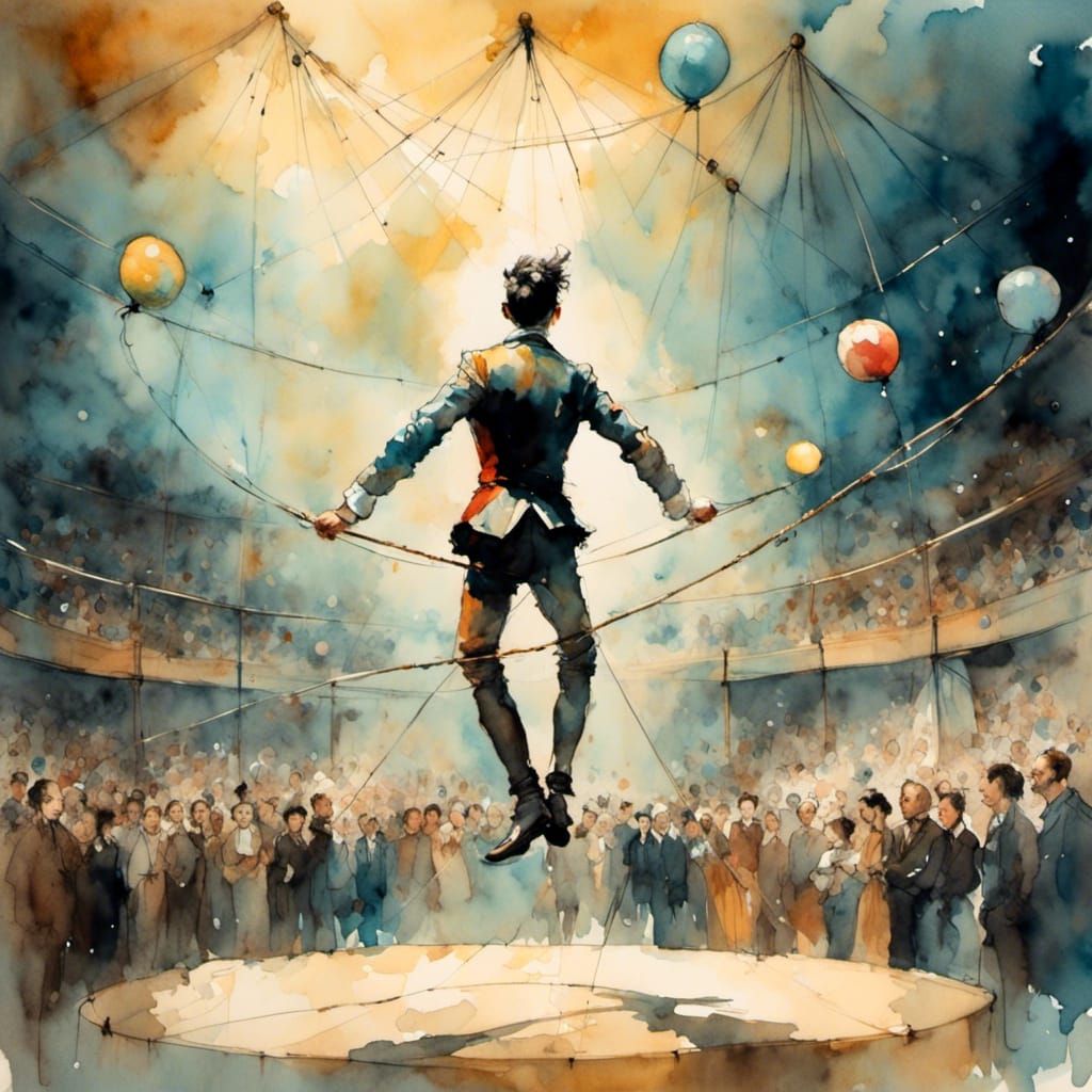 Circus Artist Juggling on High Wire, Watercolor