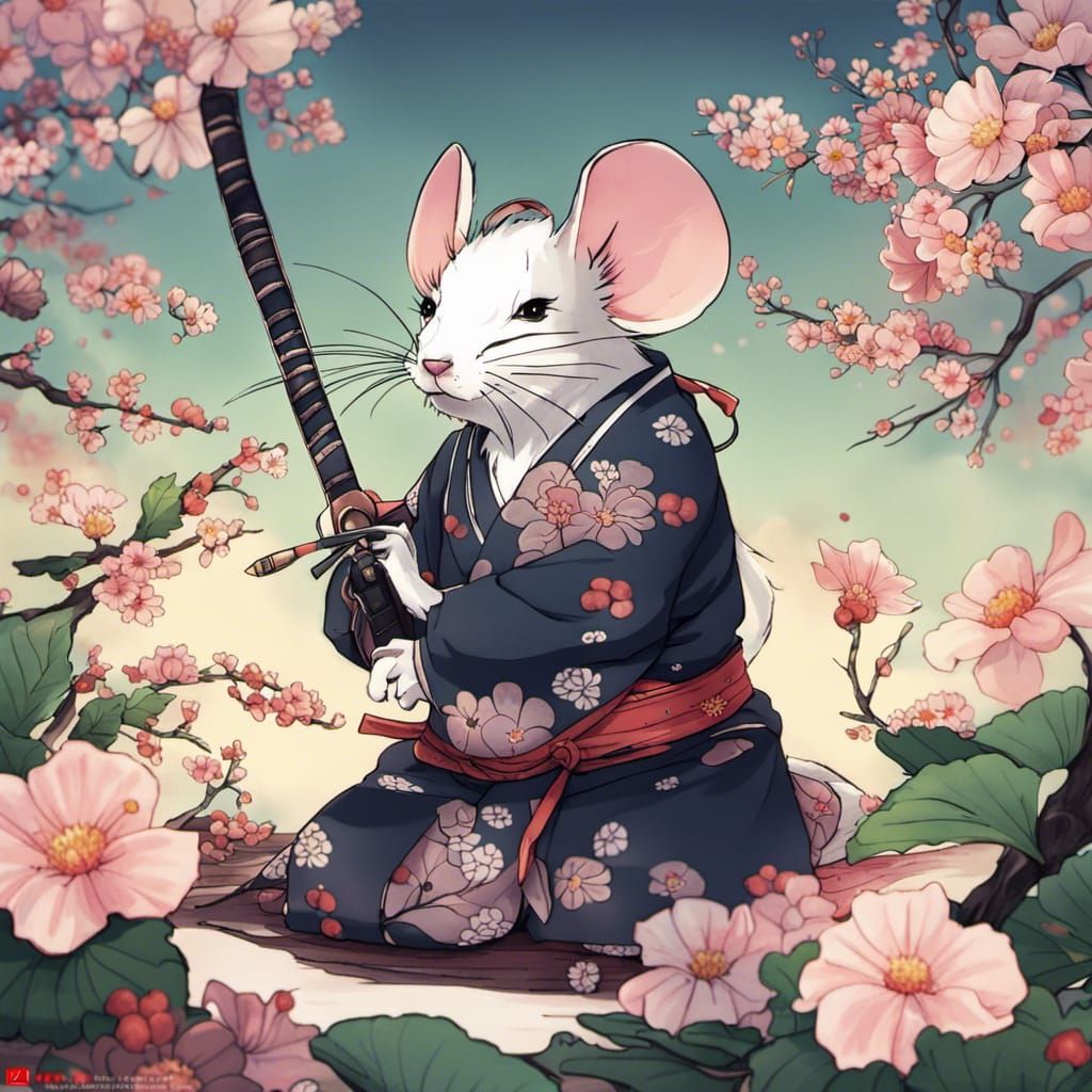 Calm Rat Samurai in Anime Style with Flowers