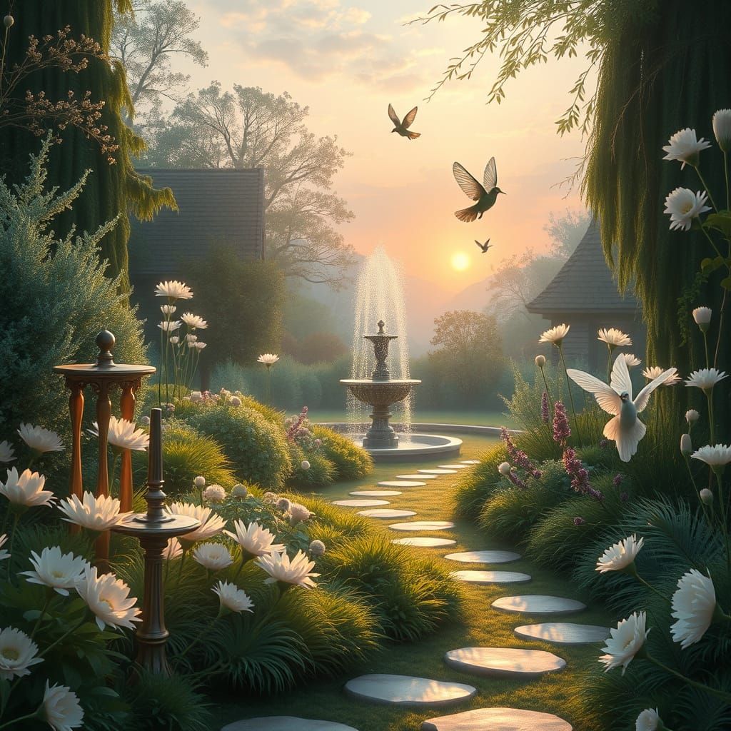 Feathered Fantasy Garden at Sunrise in Classical Style