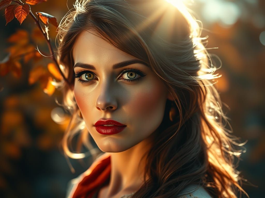 Elegant Lady Autumn Portrait in Hyperrealistic Splash Art St...