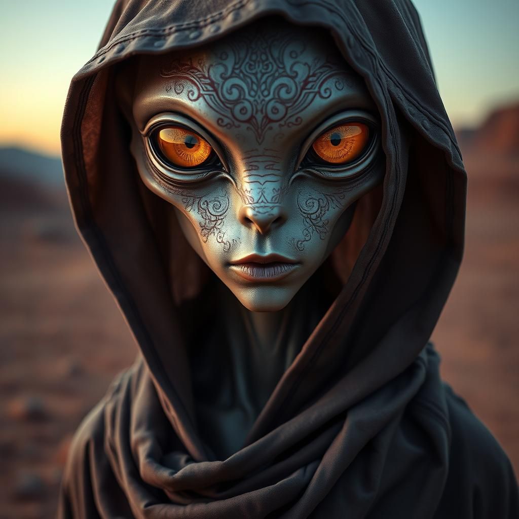 Martian Alien Portrait with Golden Eyes in HDR Style