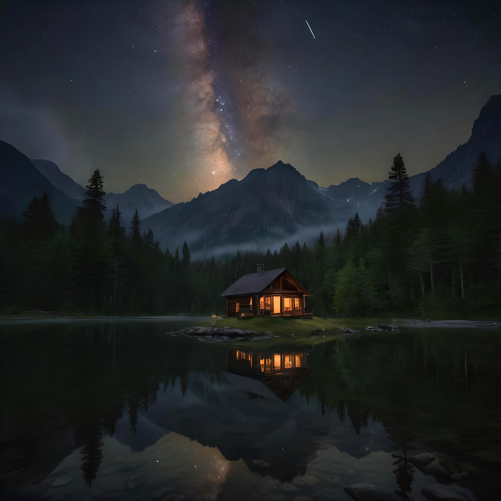 Magical Cabin Under Milky Way Panorama