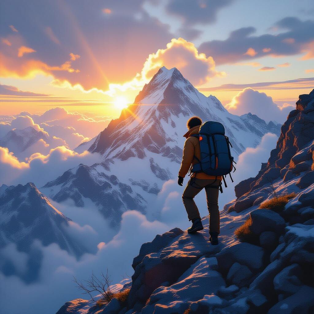 Hiker Ascends Mountain Peak as Sunlight Breaks Through Cloud...