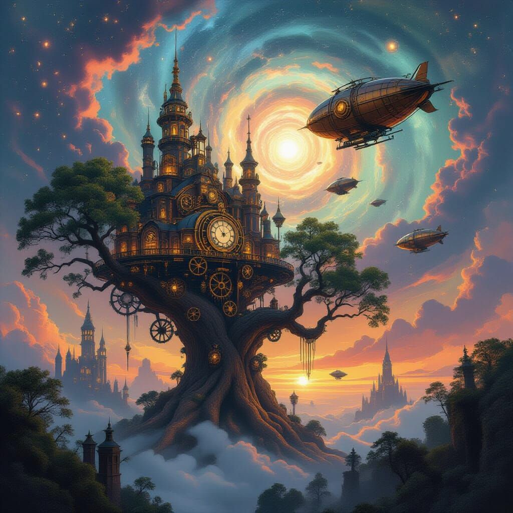 Steampunk City on Ancient Trees with Airships