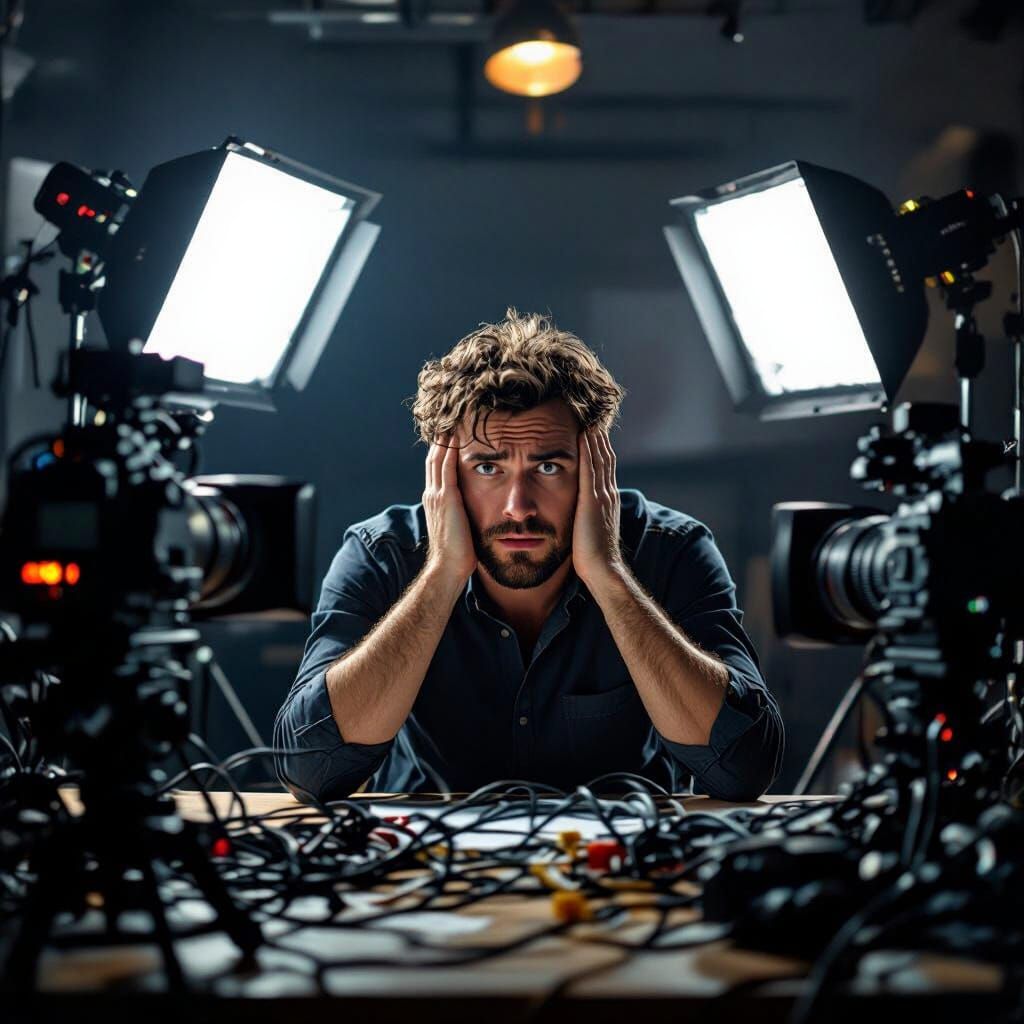 Overwhelmed Video Producer in Chaotic Film Studio