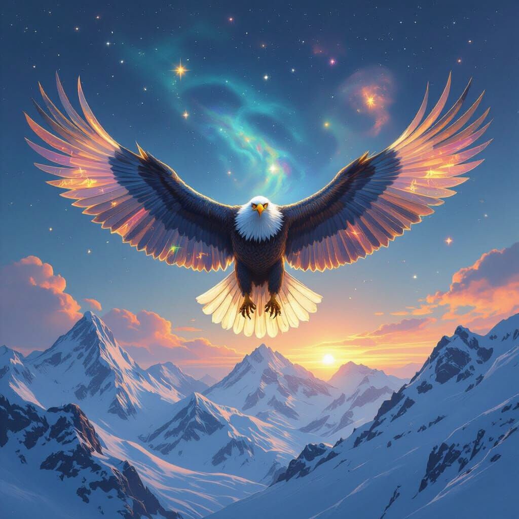 Iridescent Eagle Soaring Over Mountains, Cosmic Digital Art