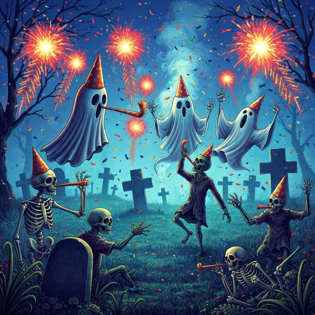 Macabre Graveyard Party with Festive Ghosts and Skeletons