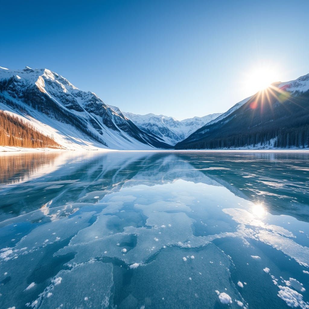 Snowy Winter Wonderland with Frozen Lake and Firs