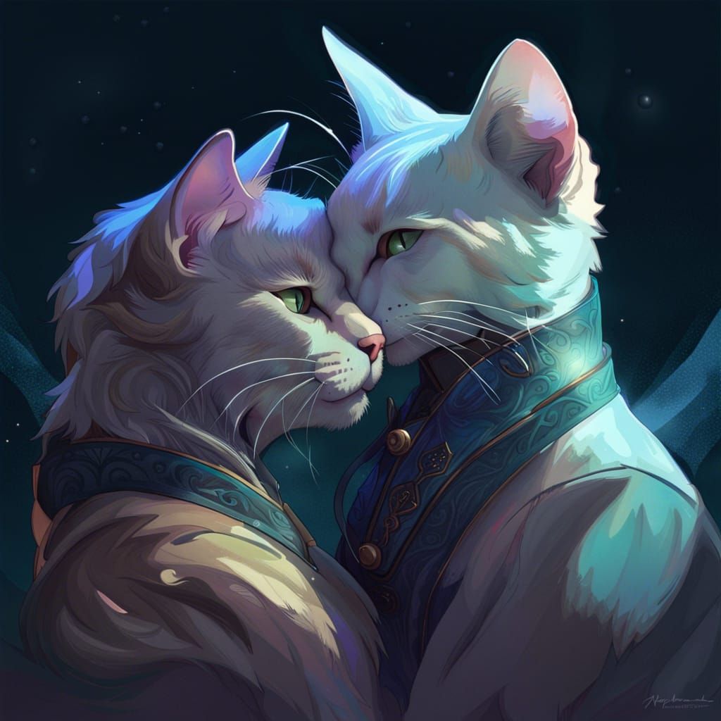 Cats Kissing in Moonlight: Hyperdetailed Portrait