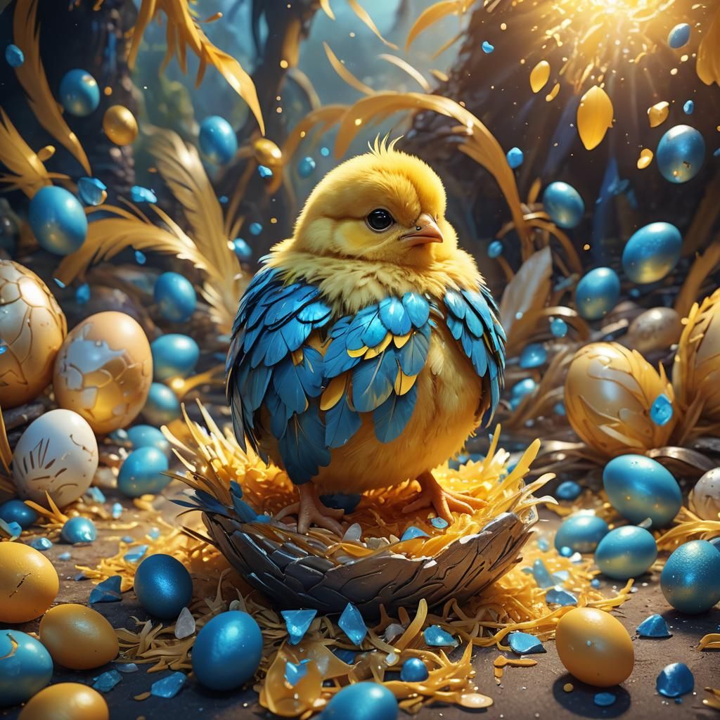 Fluffy Chick Breaks Egg in 3D Fantasy Art