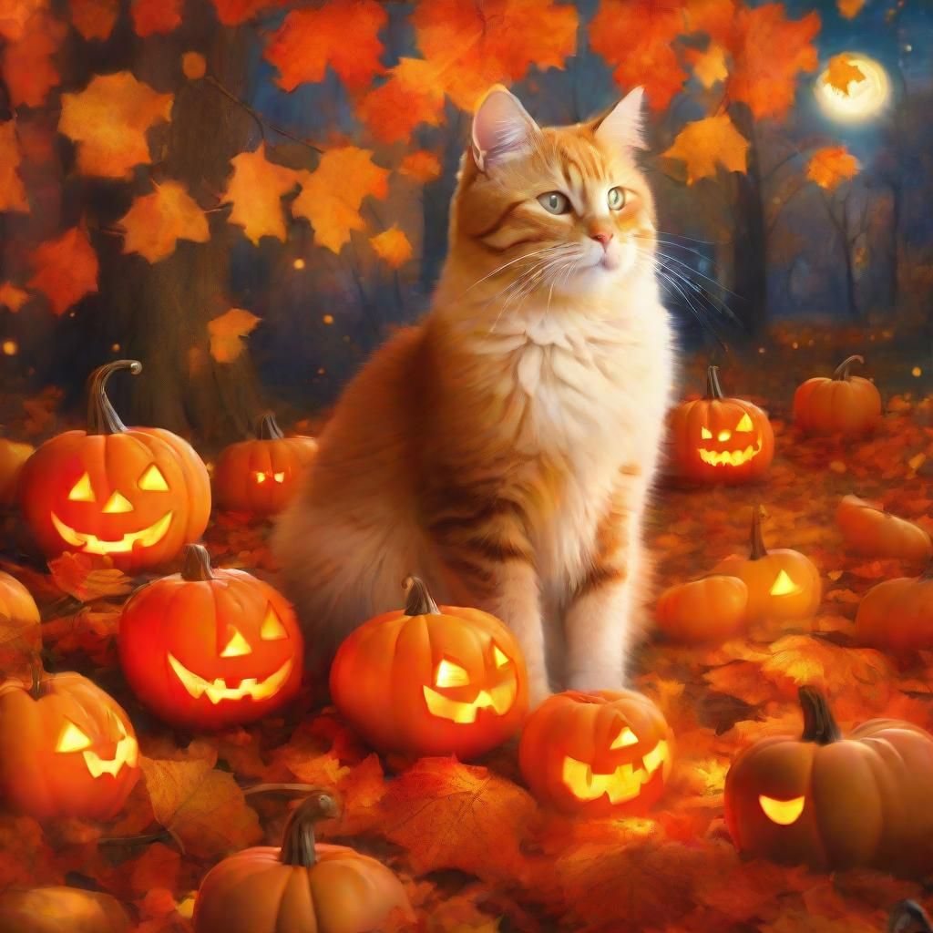 Plush Halloween Cat in Dreamlike Autumn Scene