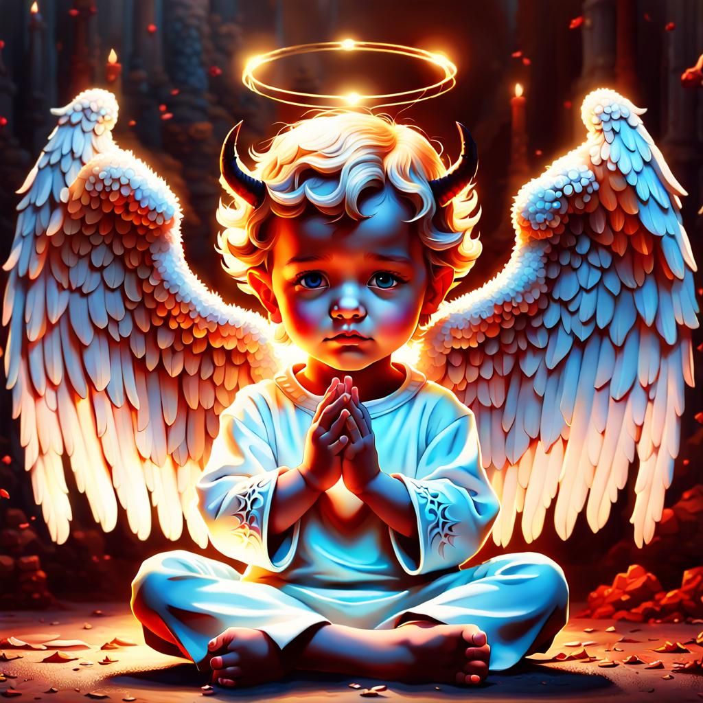 stunning image of a cute adorable  angel with halo, holding hands over eyes, hiding,  devil,angel,child lucifer sitting ...