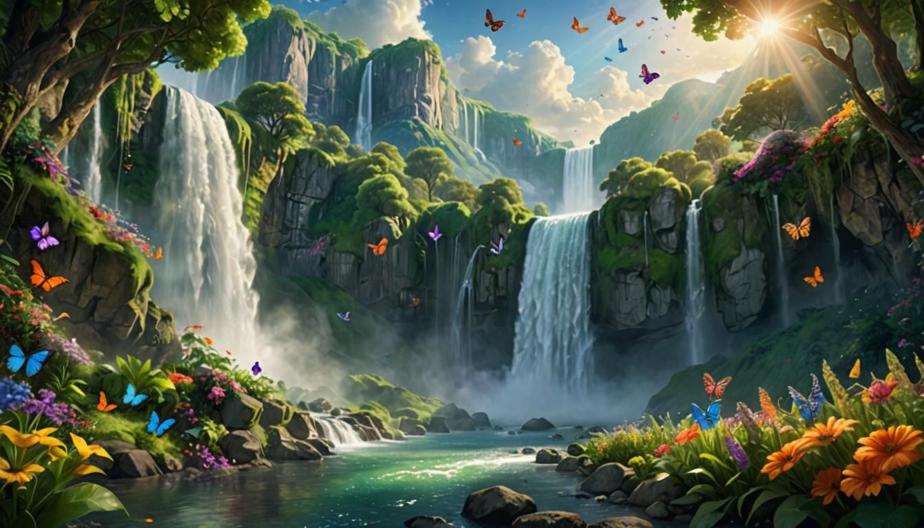 Paradise Waterfall with Butterflies in Romantic Realism