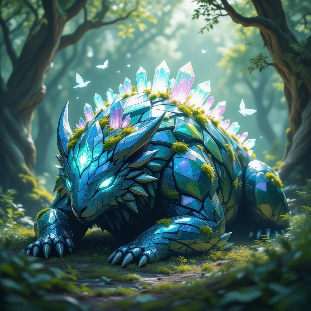 Gentle Obsidian Beast with Glowing Moss and Crystal Flowers