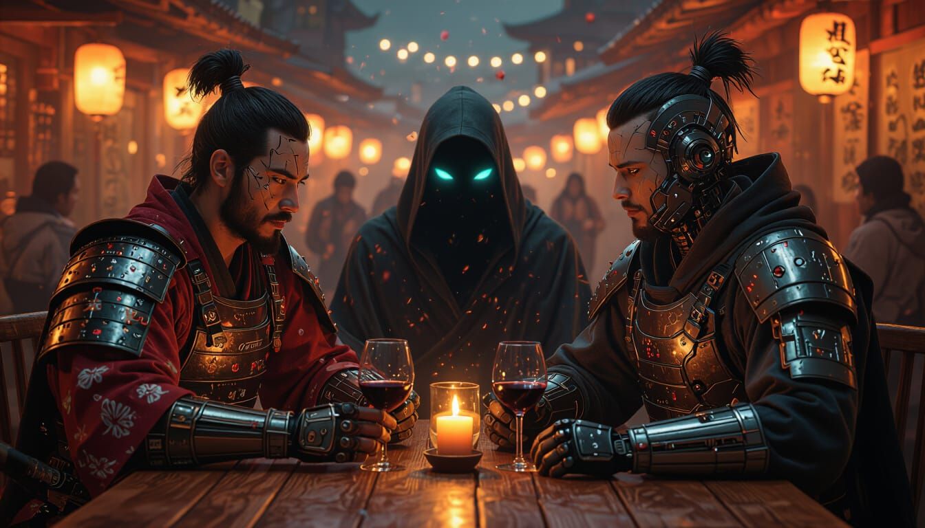 Samurai, Capoeirista, Cyberpunk Dine with Ethereal Entity