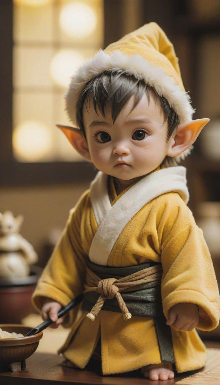 Miniature Baby Elf Samurai in Traditional Japanese Home