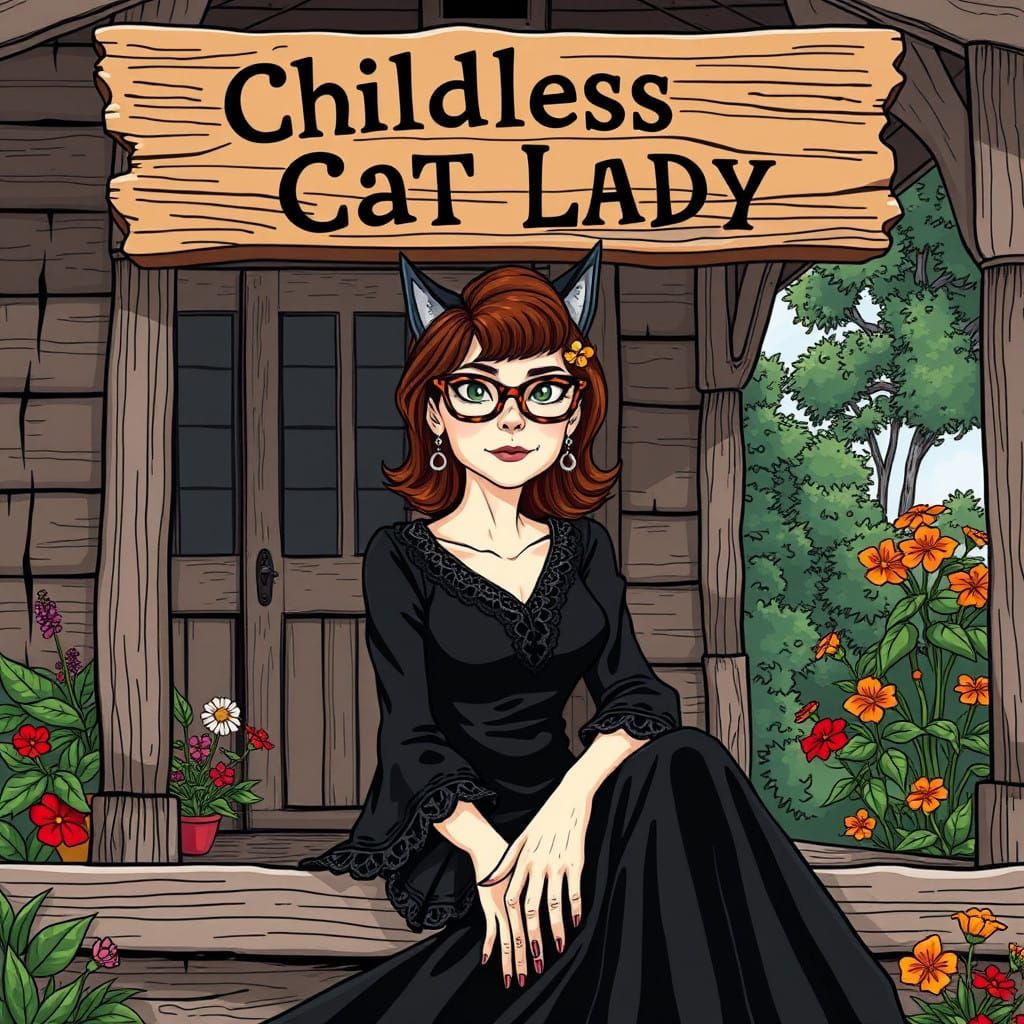 Whimsical Gothic Woman Reads on Porch with Cat Lady Sign