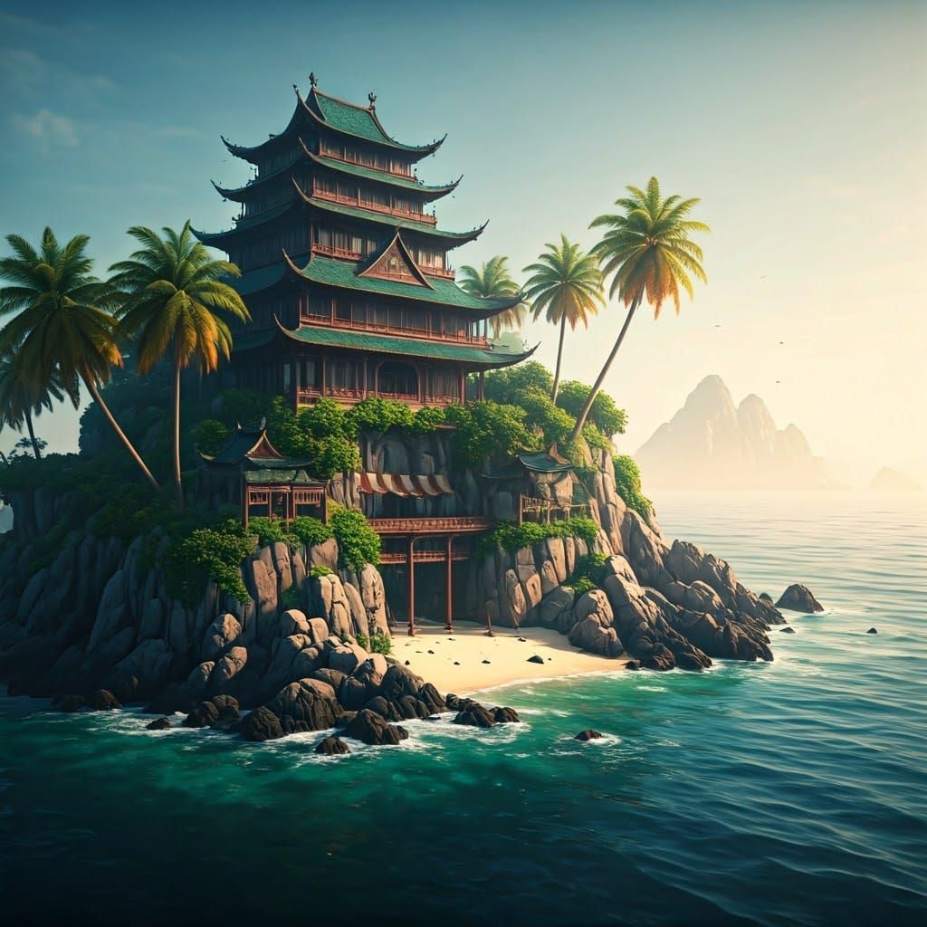 Kame House Island in Morning Light: 8K Render