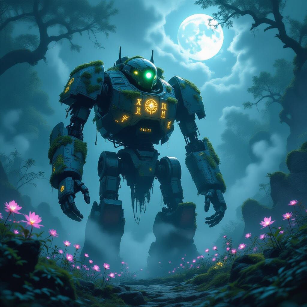 Ancient Rune Robot Guards Bioluminescent Grove
