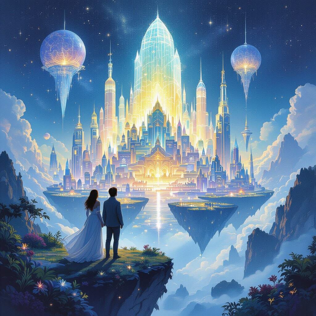 Couple Views Crystalline Harvest Festival on Alien Planet