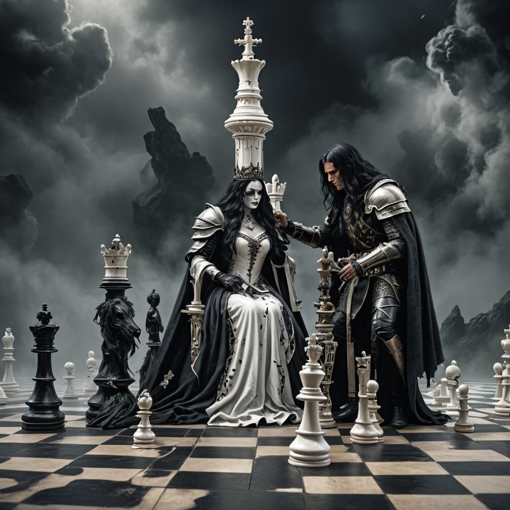 Black Knight Victory on Chessboard in Fantasy Art