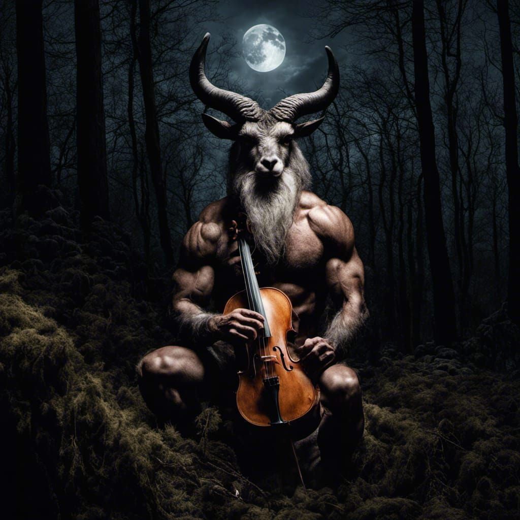 Baphomet Fiddle Virtuoso in Gritty Forest Portrait