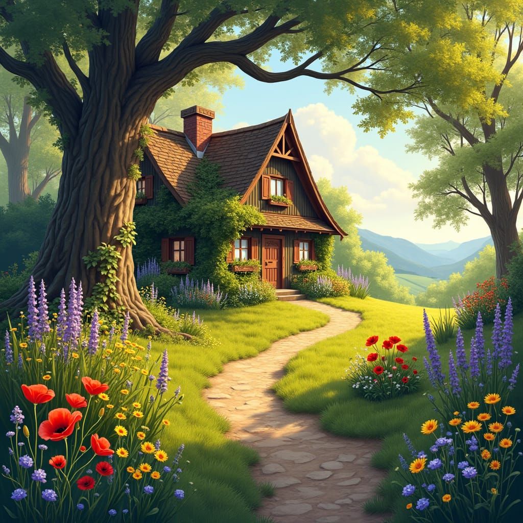 Idyllic Cottage in a Vibrant Meadow, Impressionist Style
