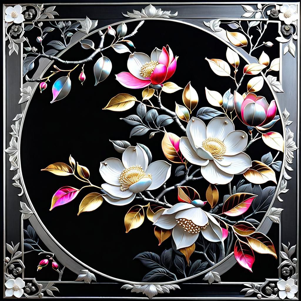 Metallic Camellia Mural in Decorative Art Style