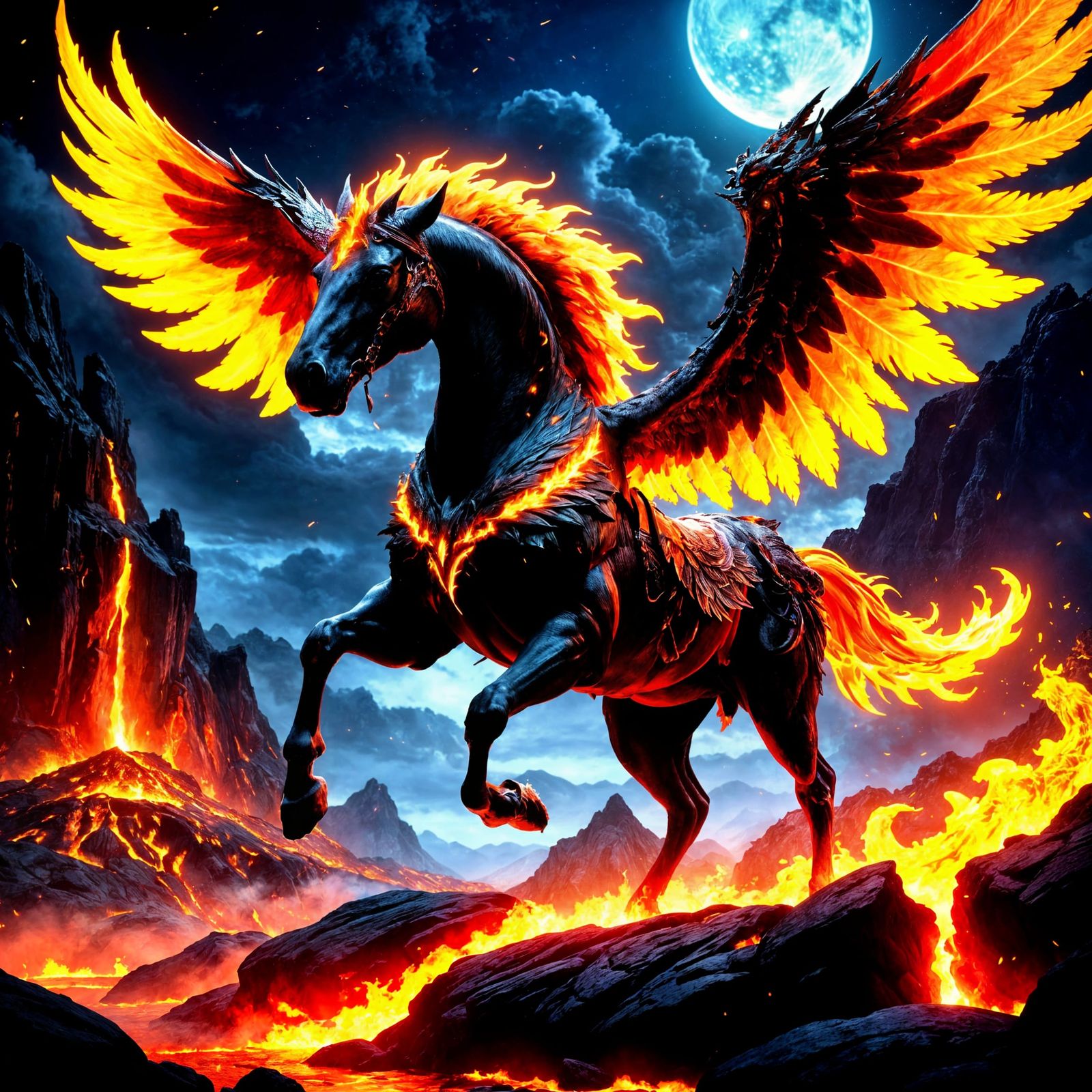 Fiery Winged Horse Over Lava, Fantasy Concept Art