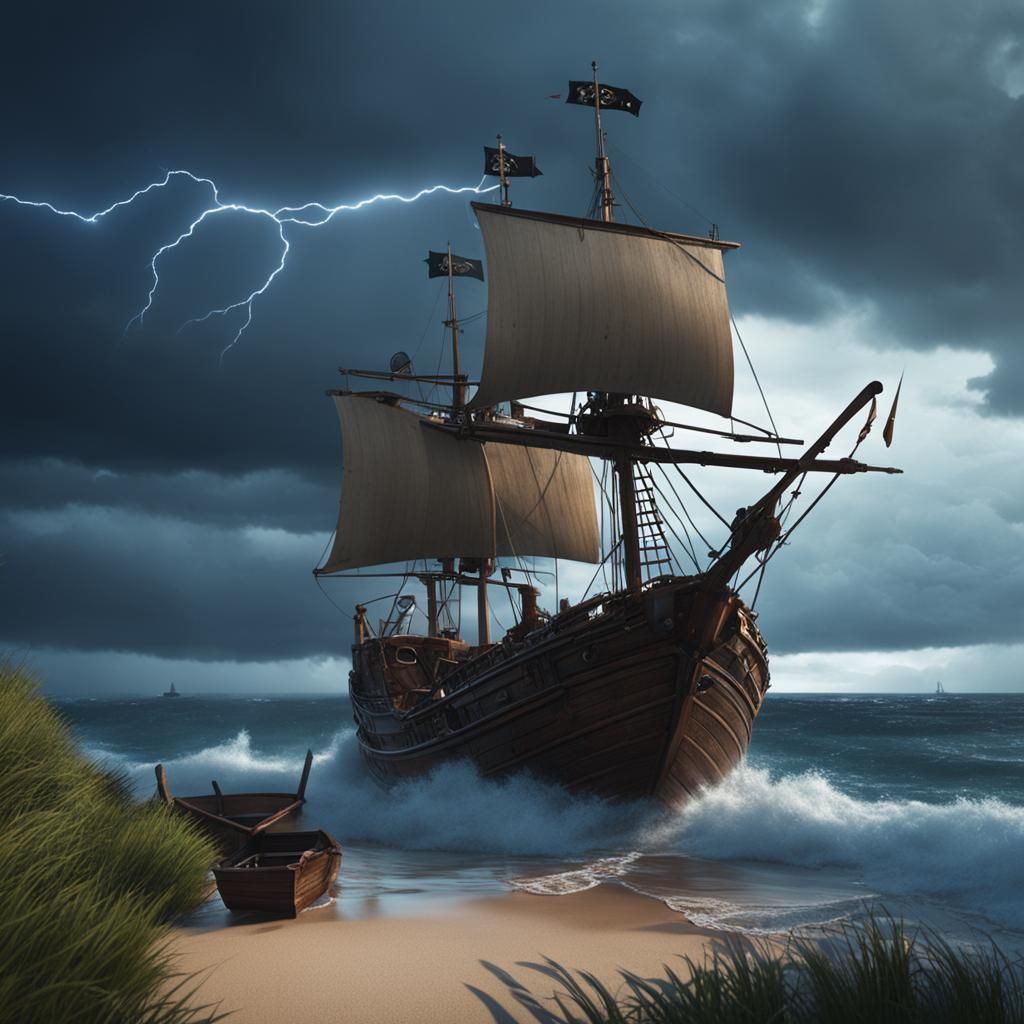 Ghibli-Style Pirate Ship Approaches Stormy Beach