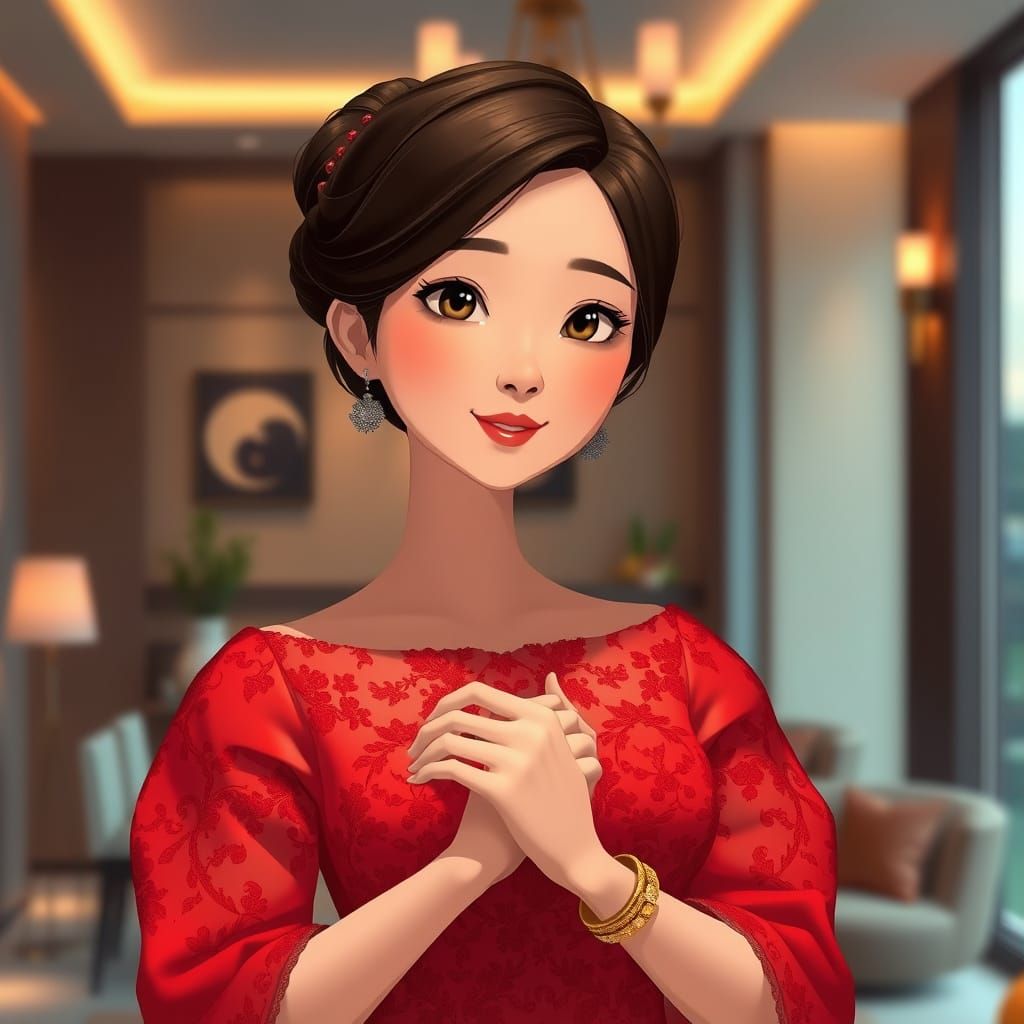 Japanese Woman in Red Wedding Gown, Animated Style