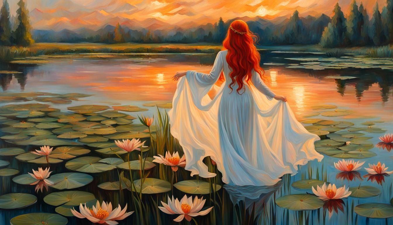 Rusalka on Lily Pond: Golden Hour Impasto