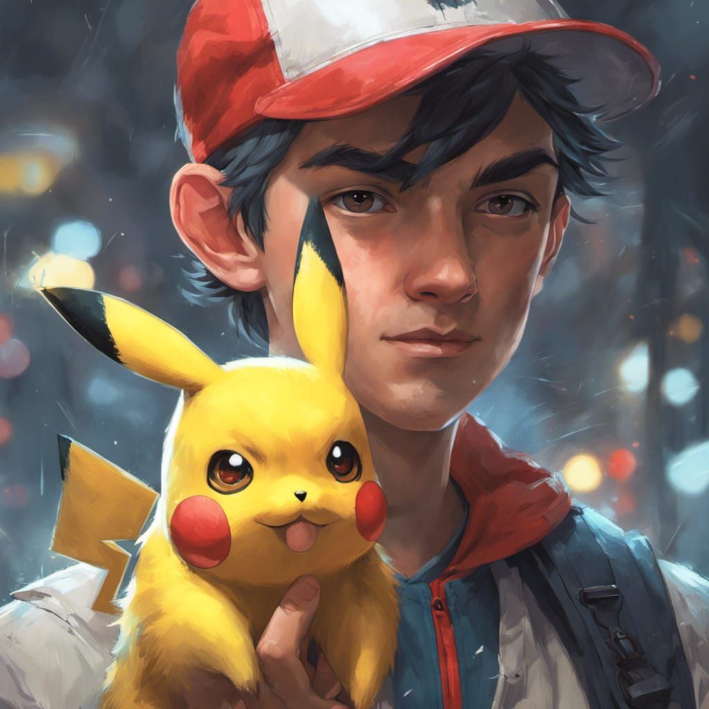 Ash Ketchum and Pikachu Portrait in Art Nouveau Style
