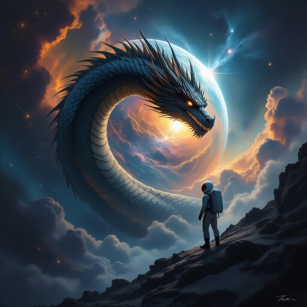 Astronaut Discovers Dragon Around Crystal Planet in Cosmic N...