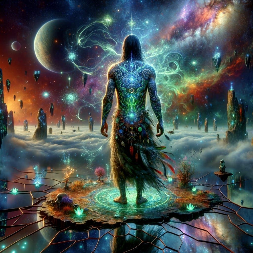 Mystical Shaman with Bioluminescent Tattoos in Surreal Setti...