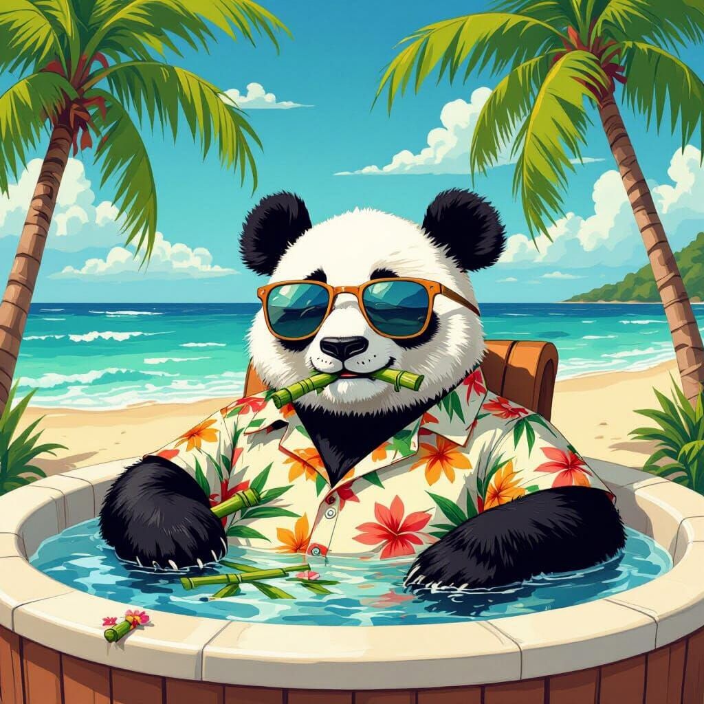 Panda Relaxation: Beach Jacuzzi in Pop Art Style