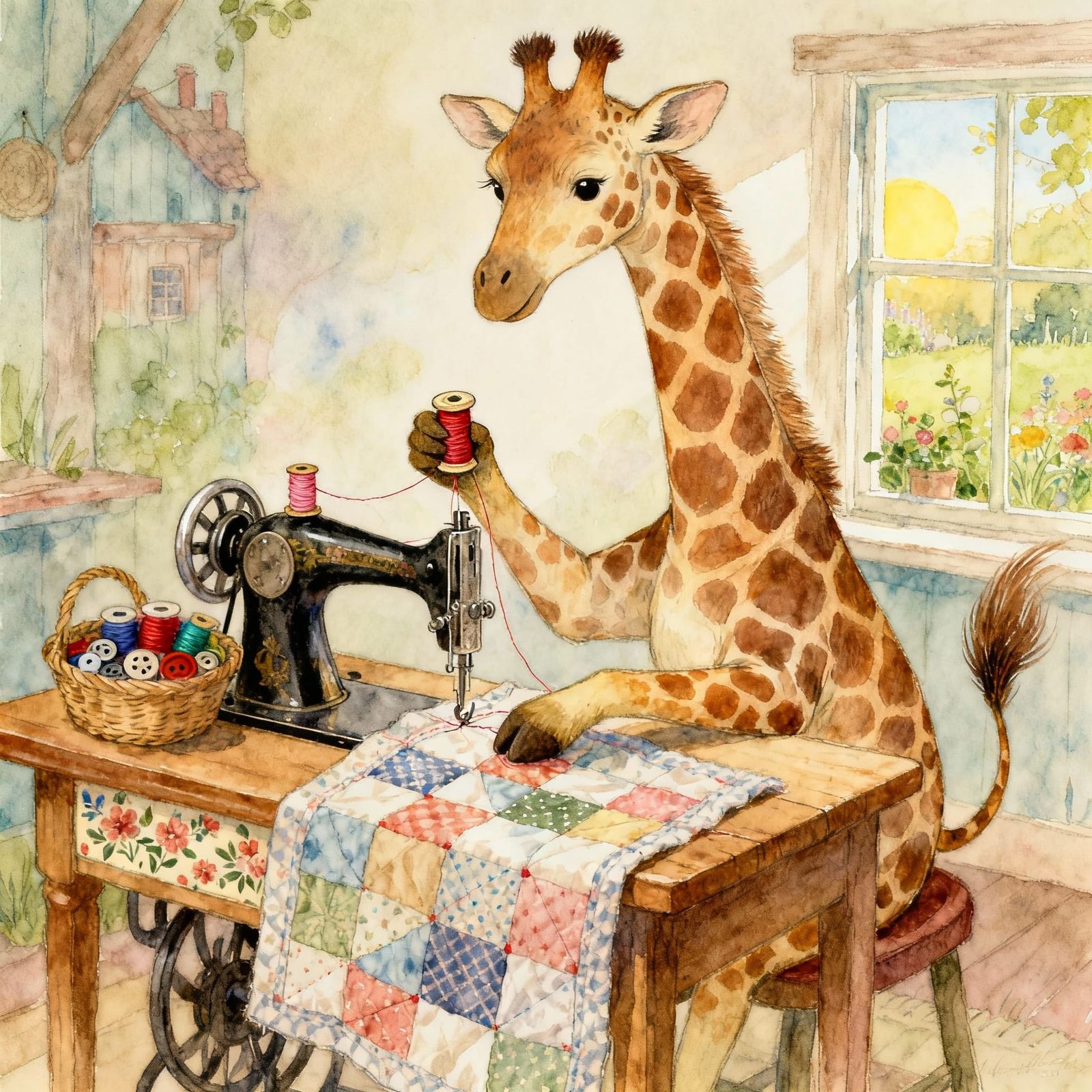 Whimsical Giraffe Sews Storybook Illustration