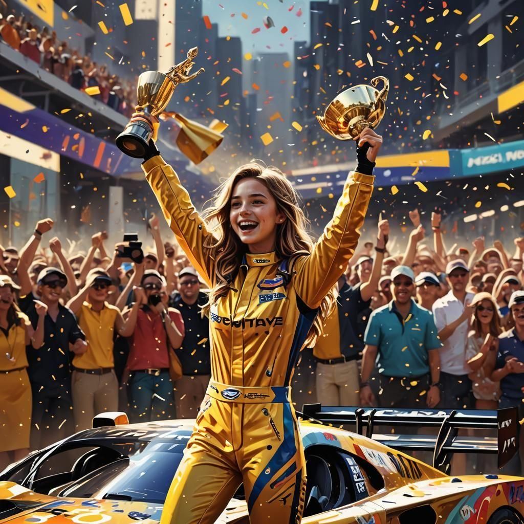 Girl Celebrates Victory in Car Race