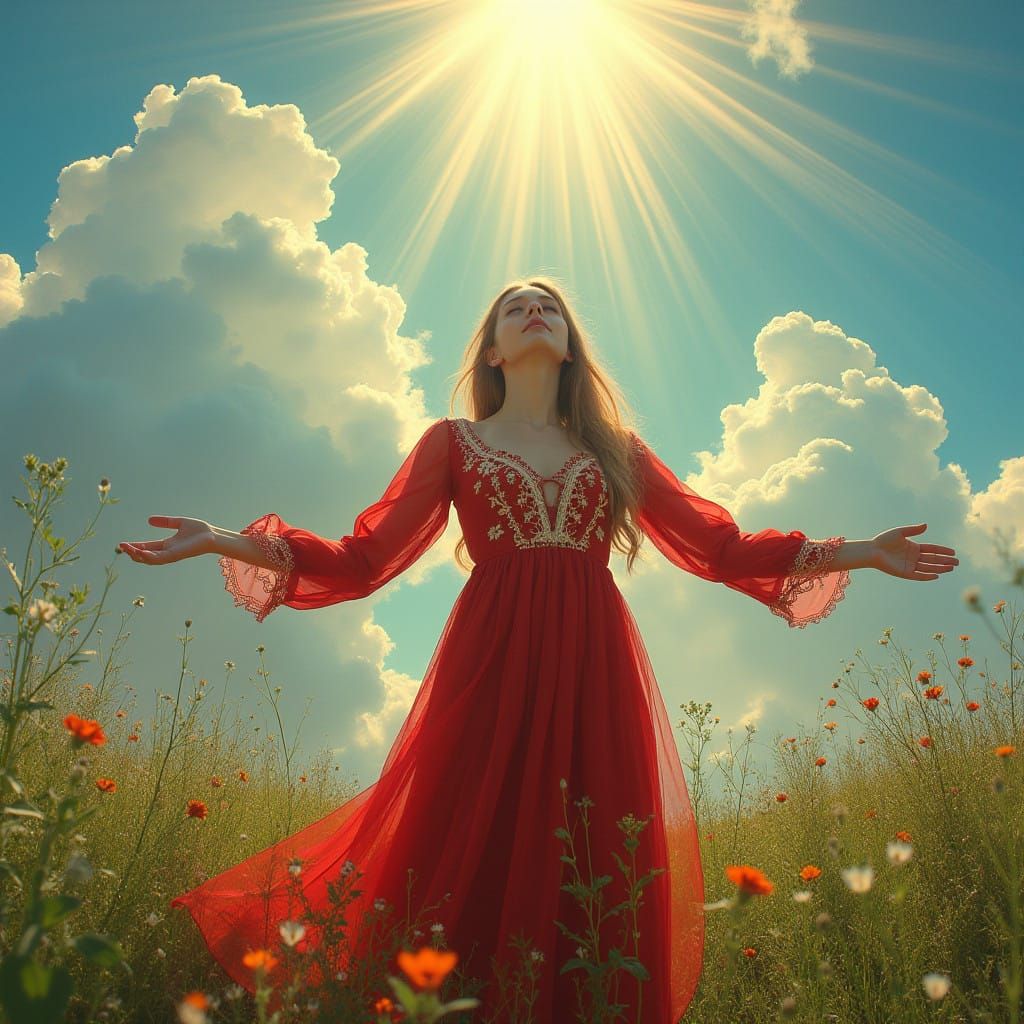Serene Woman in Bohemian Style Red Dress Embracing the Unive...