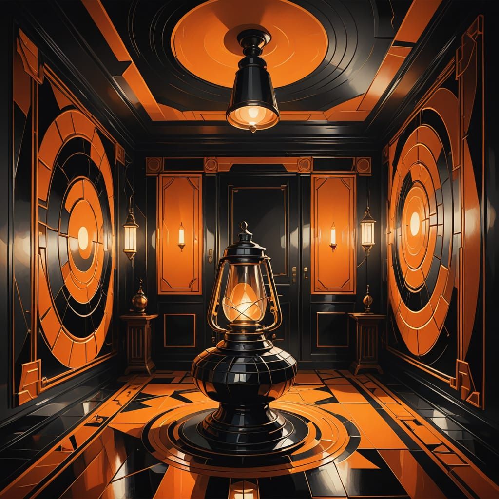 Art Deco Chamber Painting in Black and Orange
