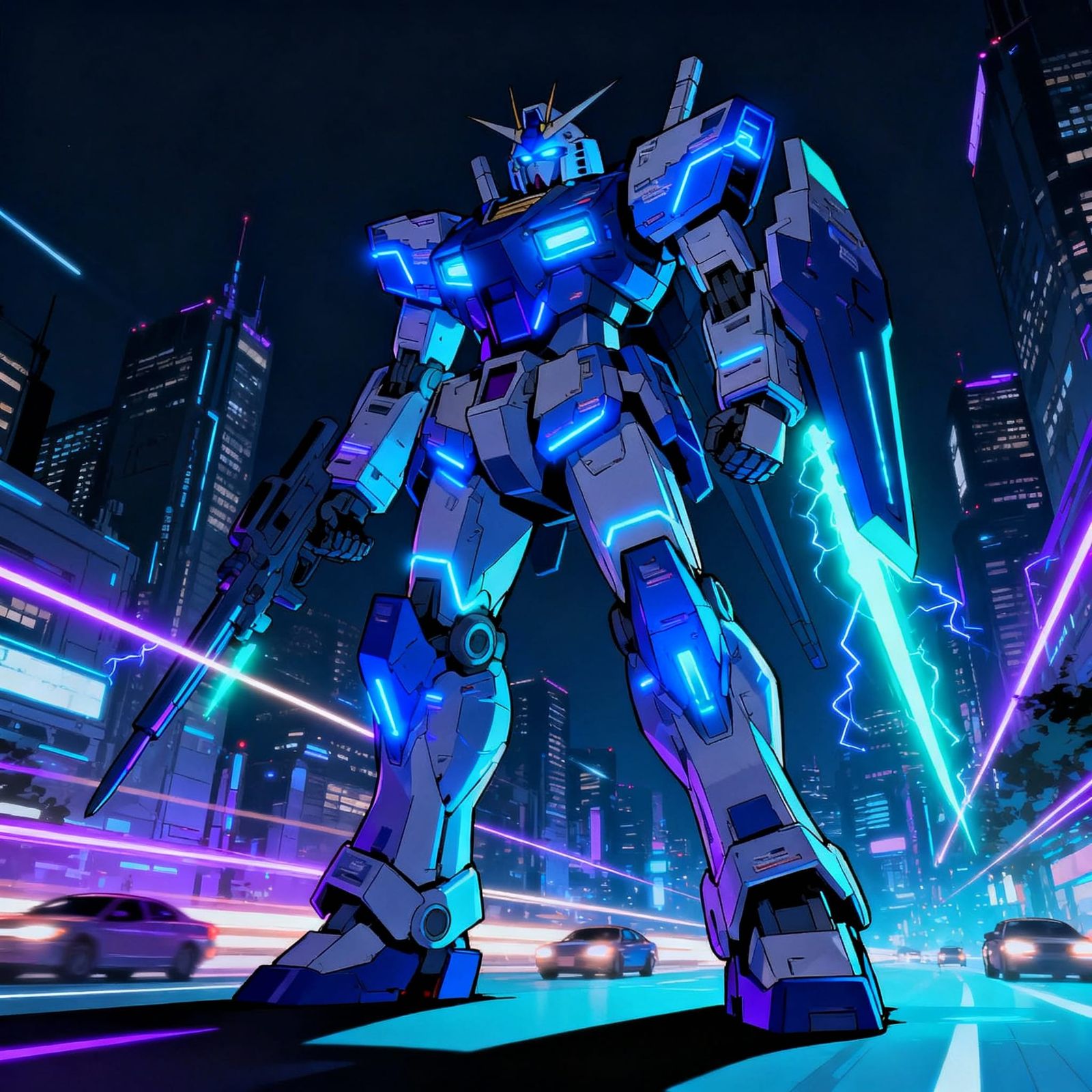 Anime Mecha in Futuristic Cityscape with Blue Accents